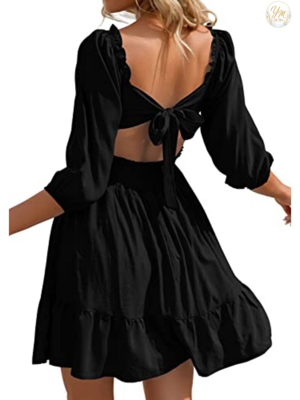 Women's Square Neck Tie Back Smocked Waist A Line Mini Dress
